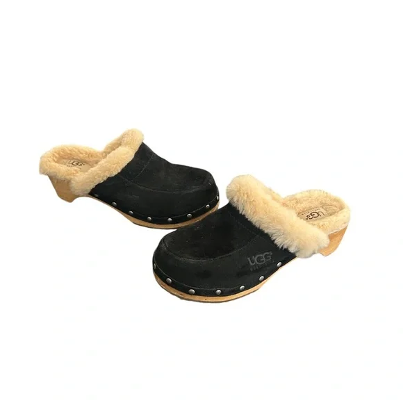 UGG Australia Women's Kalie Brown Suede Shearling Wooden Clogs Mules Shoes Sz 6 - Picture 2 of 13